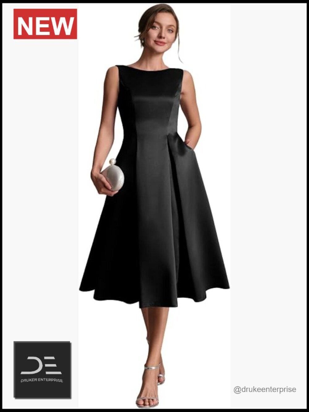 Satin Crew Neck Sleeveless A-Line Midi Cocktail Wedding Guest Dress